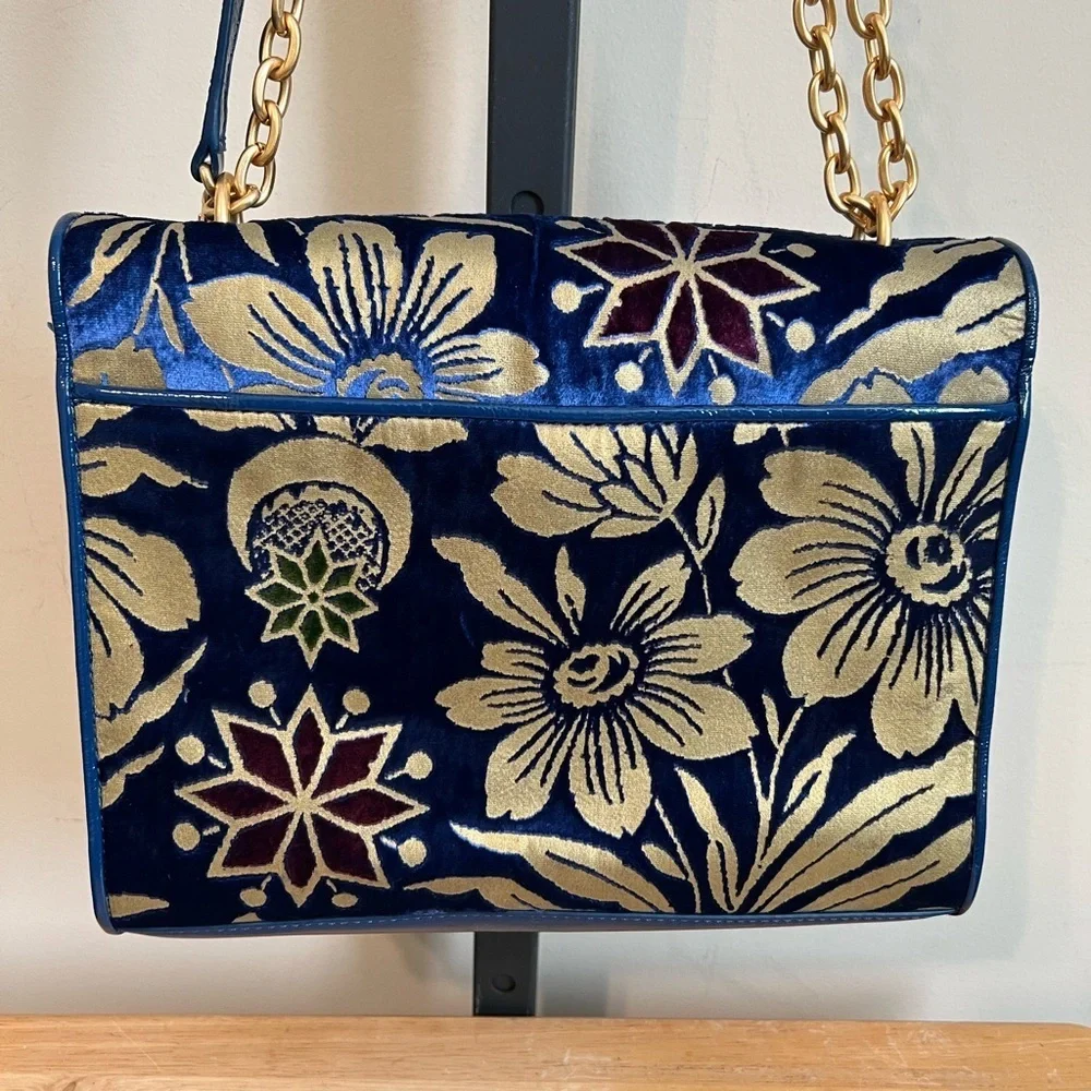 Tory Burch Blue Velvet Floral and Gold Women's Bag